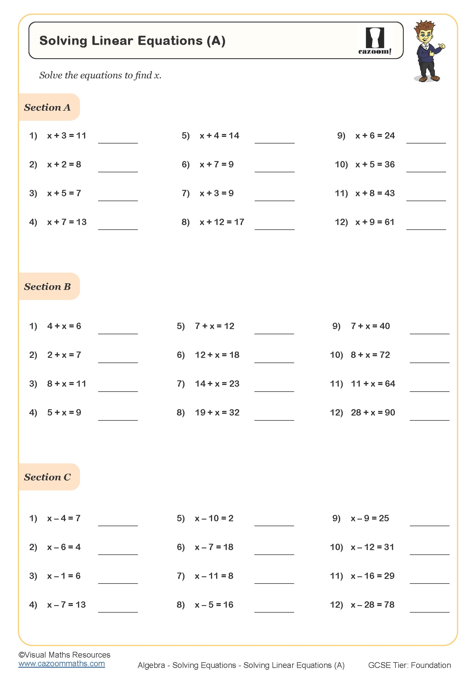 Solving Linear Equations (A) Worksheet | Cazoom Maths Worksheets