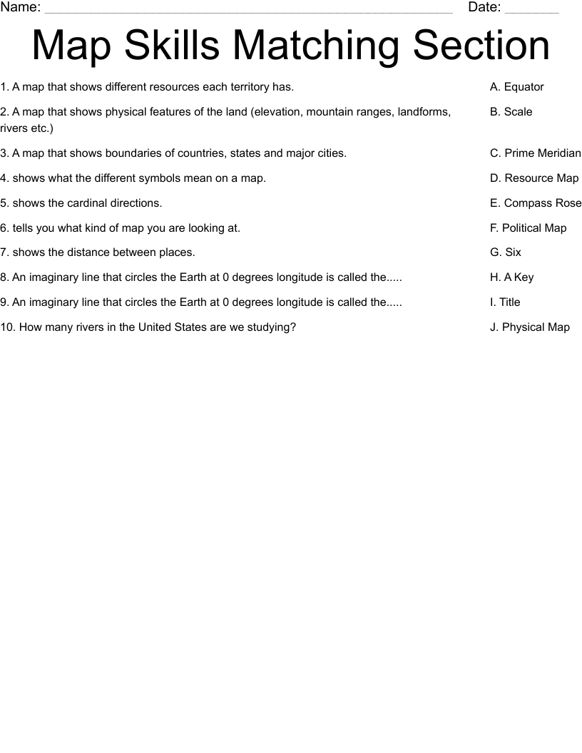 Map Skills Matching Section Worksheet - WordMint