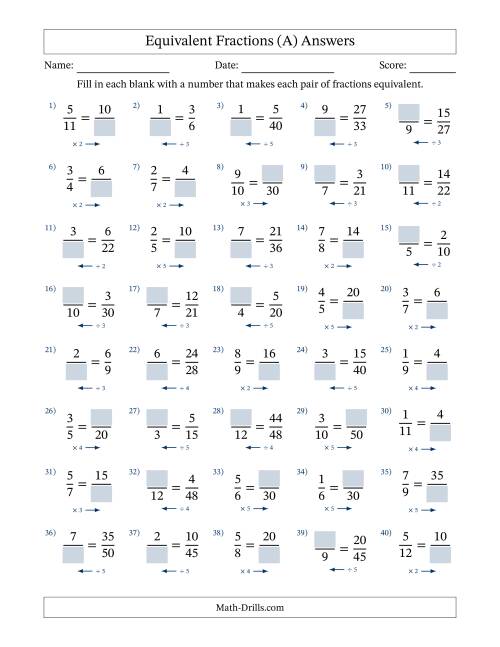 Equivalent Fractions with Blanks (Multiply Right or Divide Left) (A)