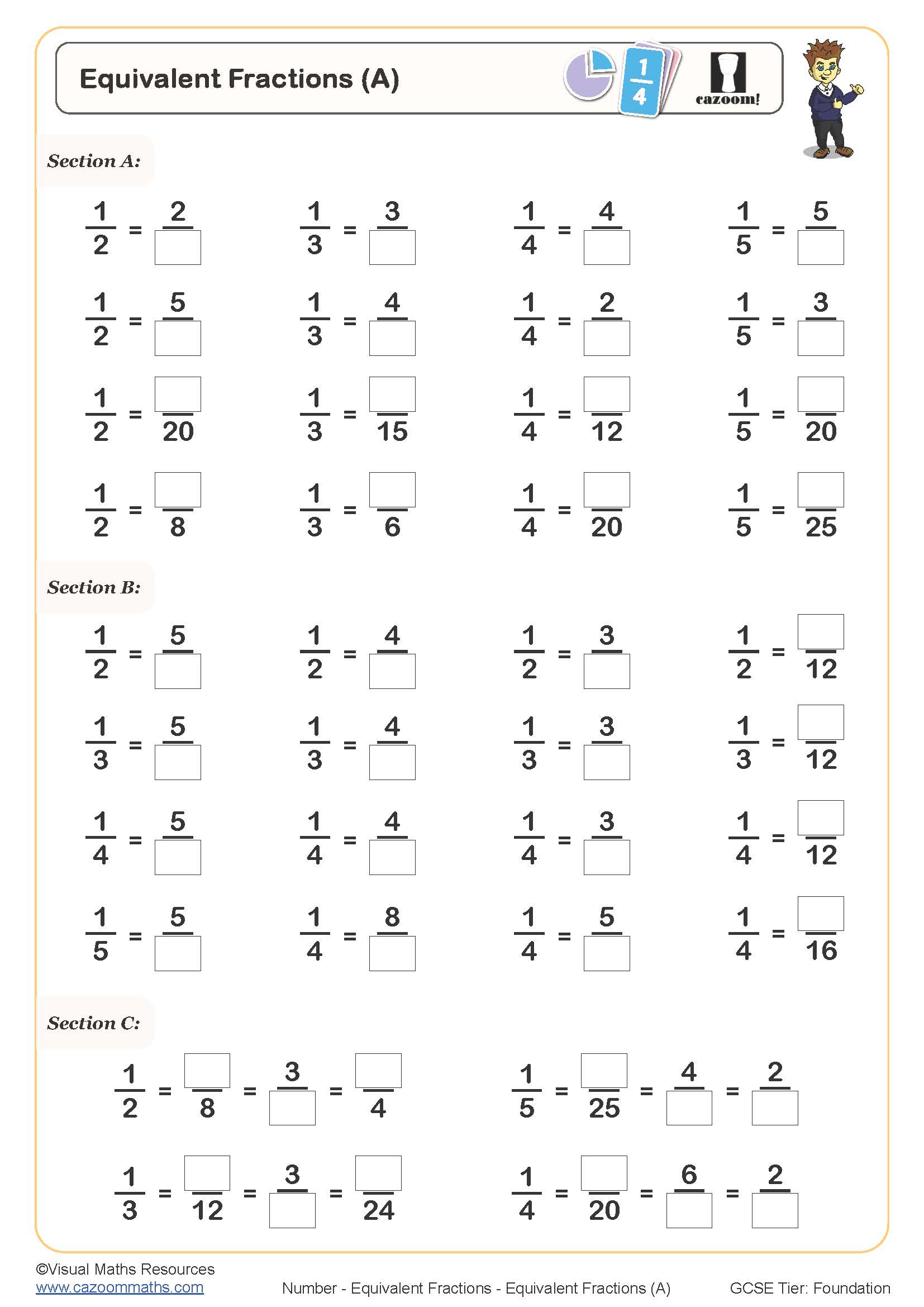 Equivalent Fractions (A) Worksheet | Printable Maths Worksheets