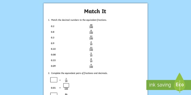 equivalent decimals worksheet