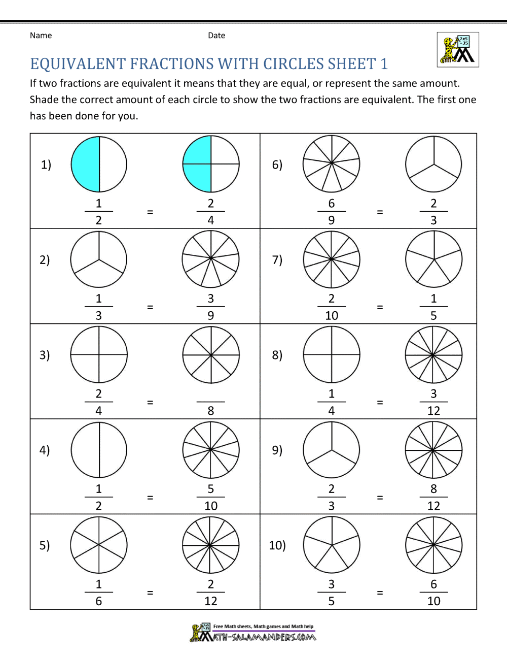 equivalent fractions answers worksheet