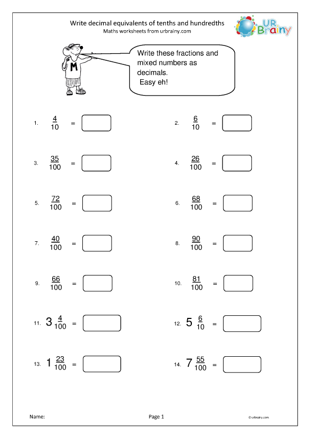 Write decimal equivalents of tenths and hundredths - Fraction and ...