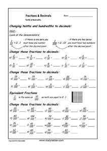 equivalent fractions tenths and hundredths worksheet