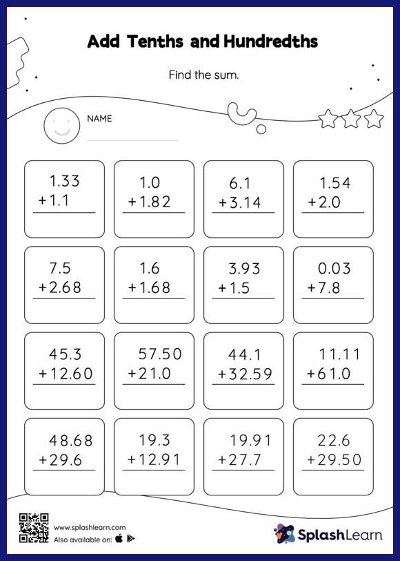 Add Tenths and Hundredths: Vertical Addition - Math Worksheets ...