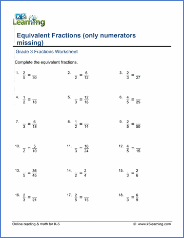 Grade 3 Math Worksheet: Equivalent fractions (numerators missing ...
