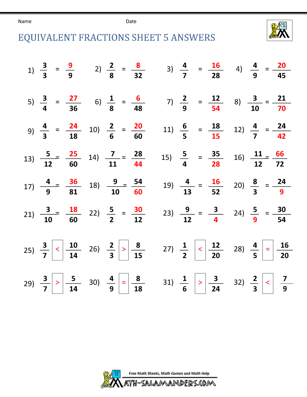 Equivalent Fractions Worksheet