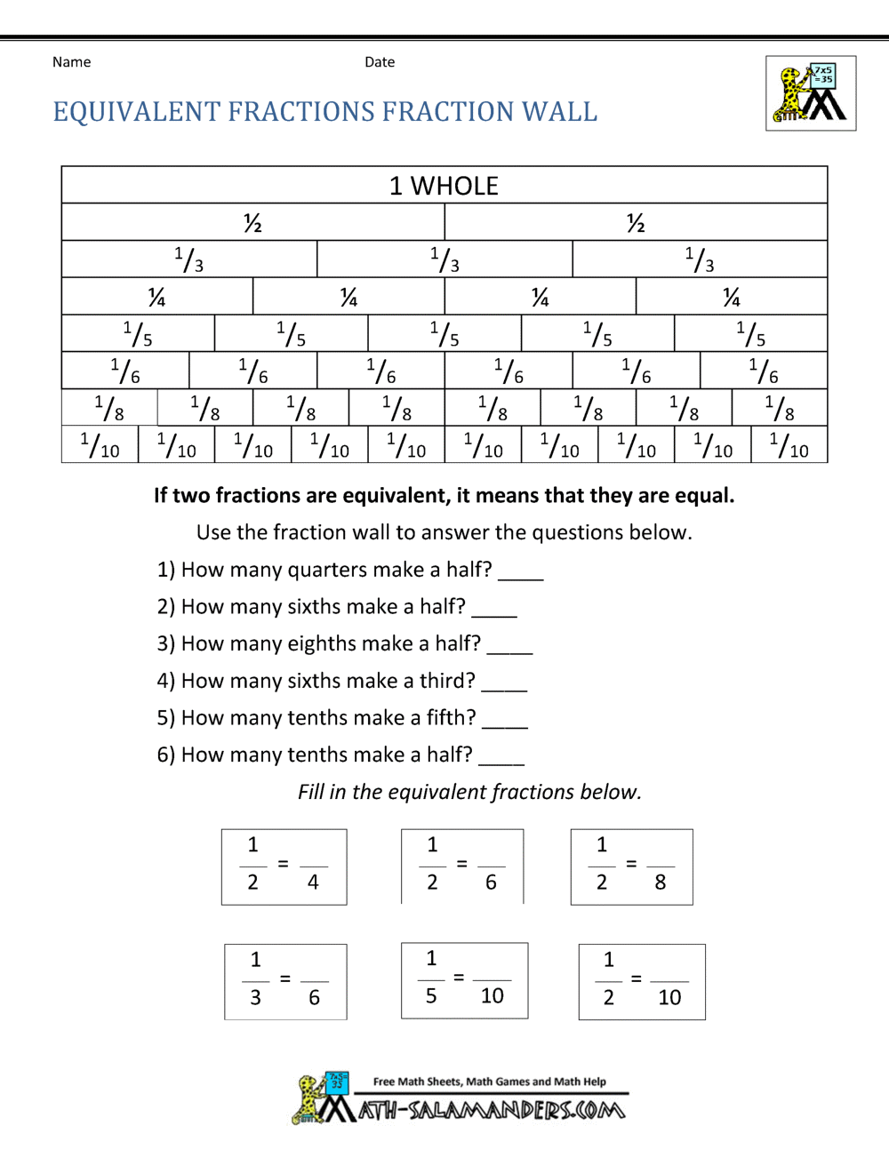 equivalent fractions worksheet answer key