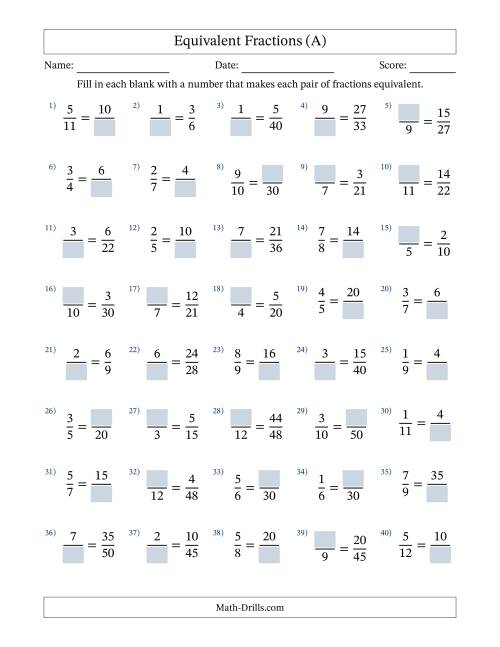 Equivalent Fractions with Blanks (Multiply Right or Divide Left) (A)