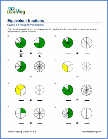 Grade 4 Fractions worksheets: Coloring in equivalent fractions ...