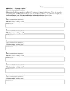 Figurative Language Finder Worksheet for 5th - 7th Grade | Lesson ...