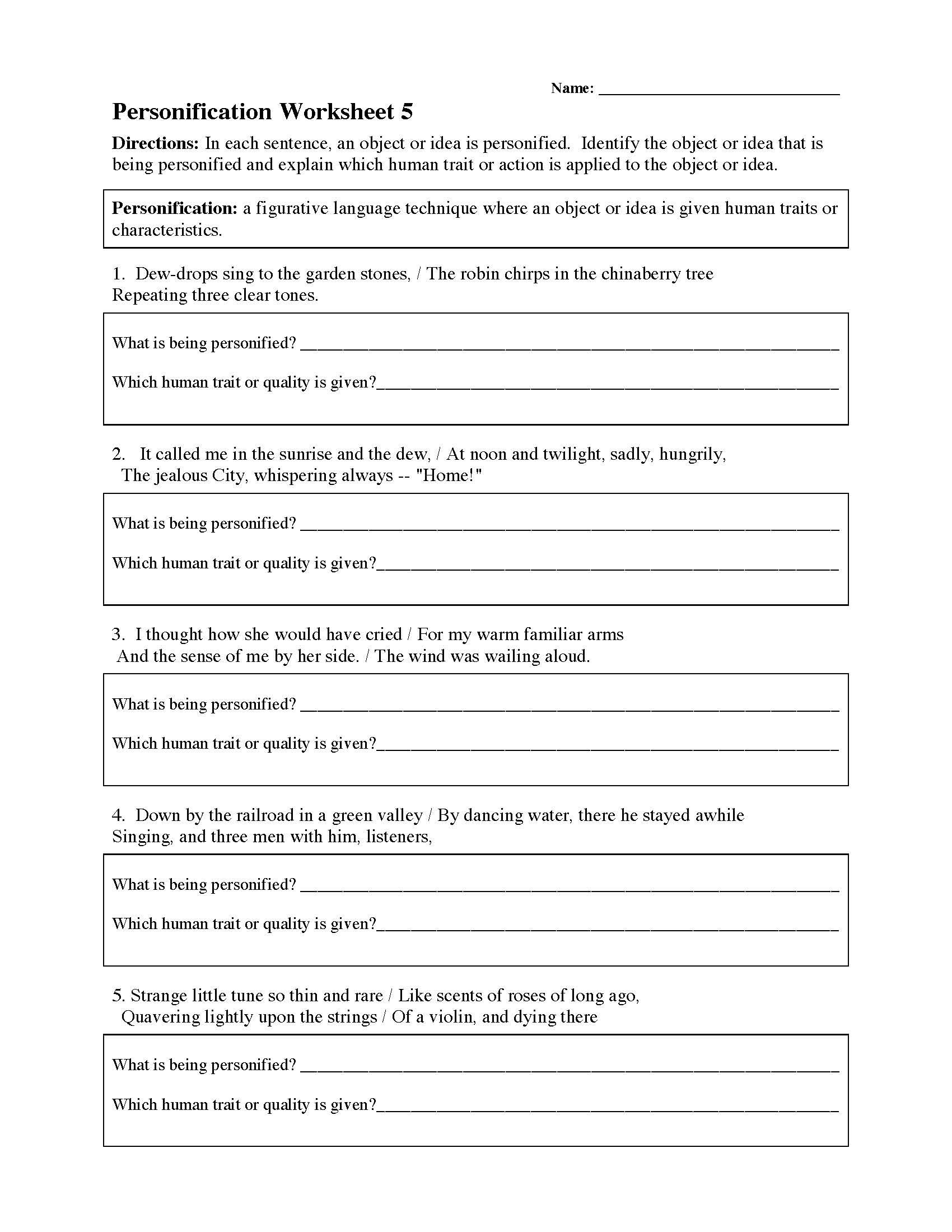 Personification Worksheet 5 | Figurative Language Activity