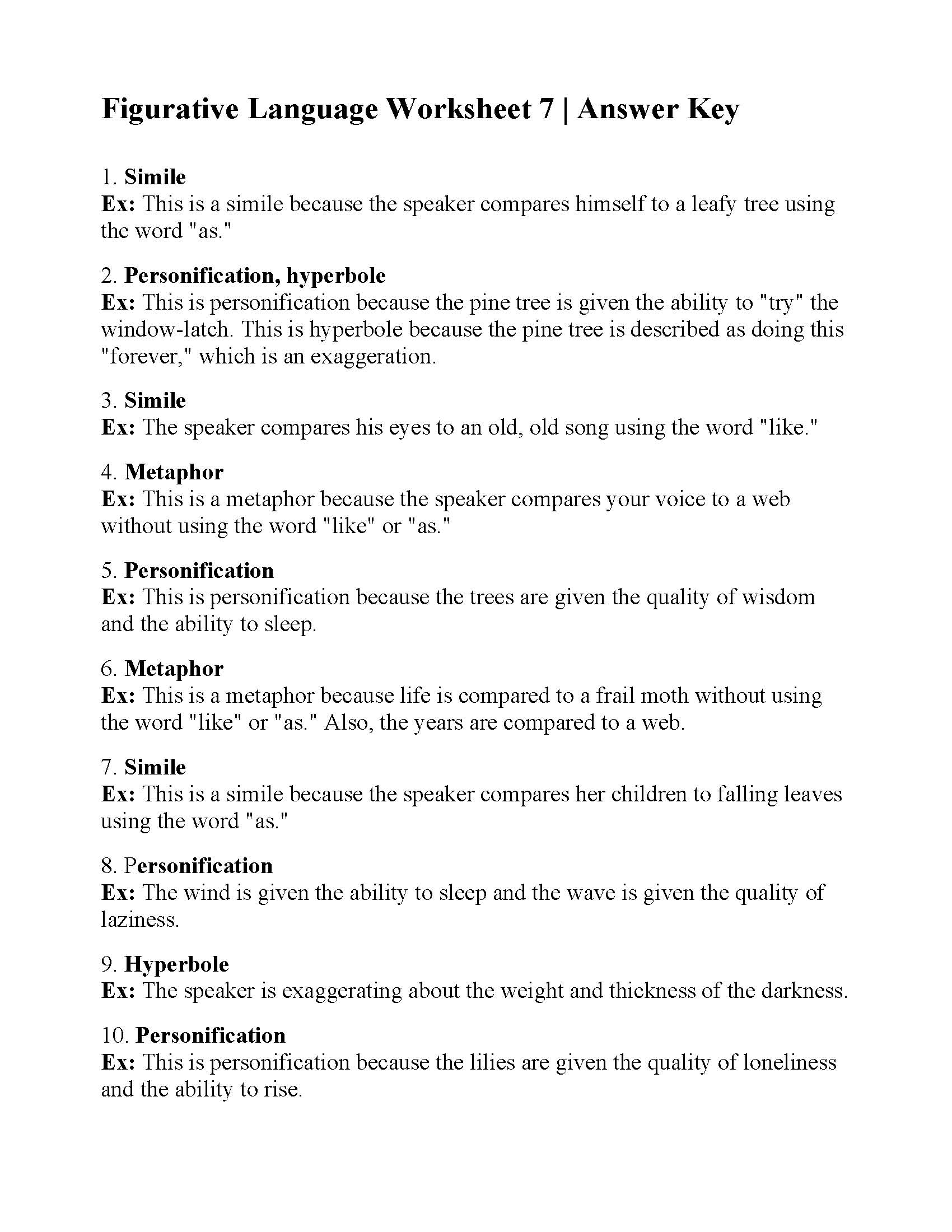 Figurative Language Worksheet 7 | Reading Activity