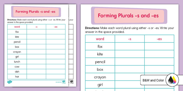 Plural Nouns Adding S, Es, and Ies worksheet