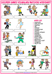 Children Games ESL Vocabulary Matching Exercise Worksheet