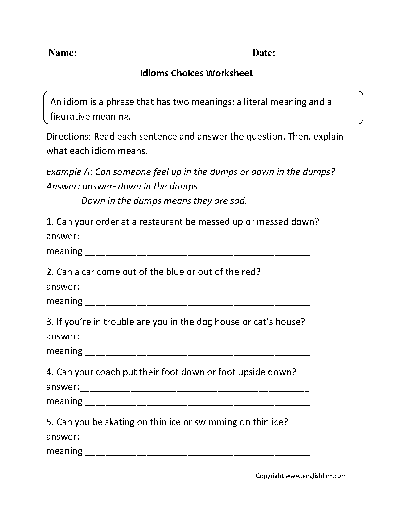 Idioms Worksheets | Idioms Choices Worksheets
