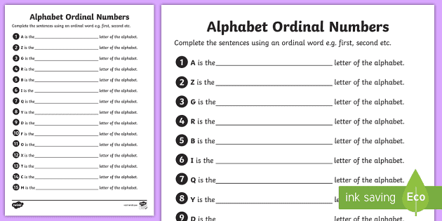 Alphabet Ordinal Numbers Worksheet (teacher made) - Twinkl