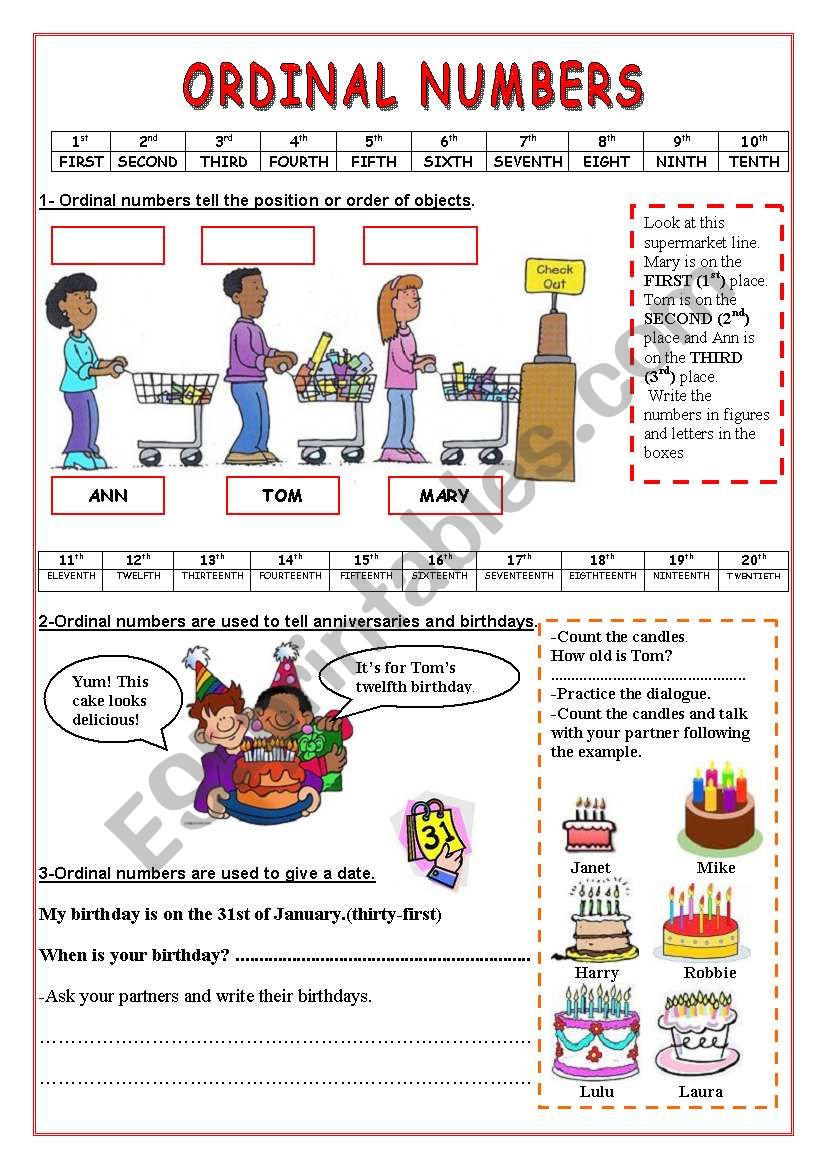 Ordinal Numbers- 2 pages of uses and exercises - ESL worksheet by ...