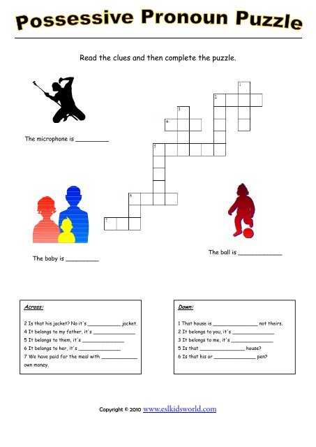 Possessive pronouns puzzle worksheet - ESL Kids World