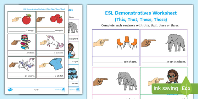 ESL Demonstrative Pronouns Worksheet (teacher made) - Twinkl