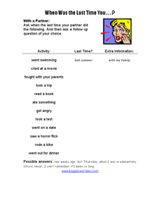 ESL Conversation: When Was the Last Time You...? Worksheet for ...