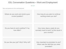 ESL Conversation Questions--Work and Employment Worksheet for 5th ...
