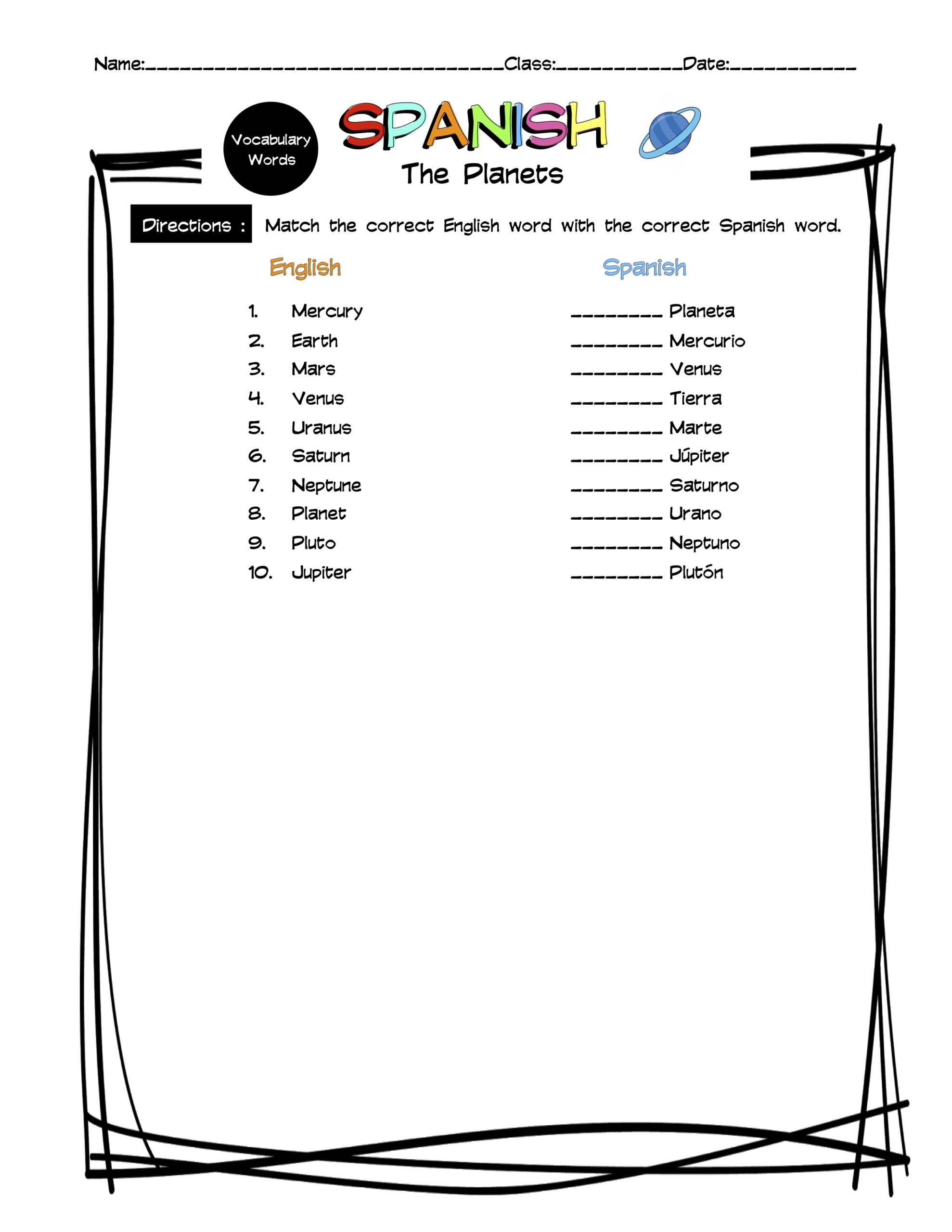 esl spanish to english worksheet