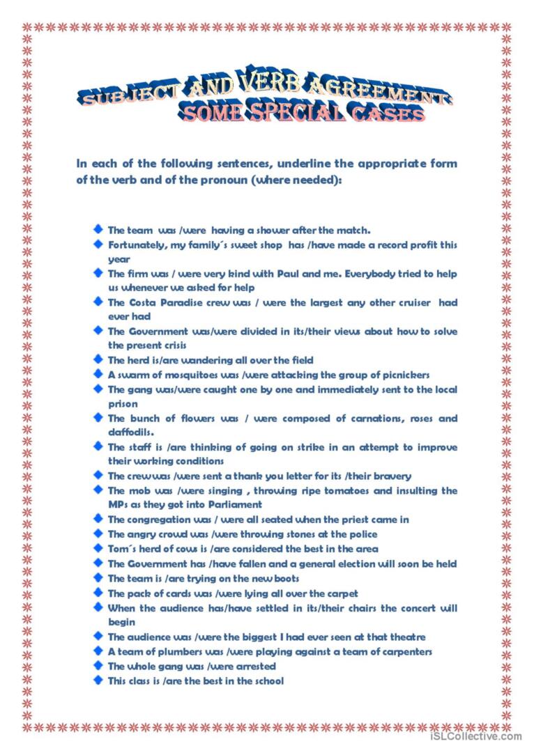 Subject and verb agreement: special…: English ESL worksheets pdf &  doc
