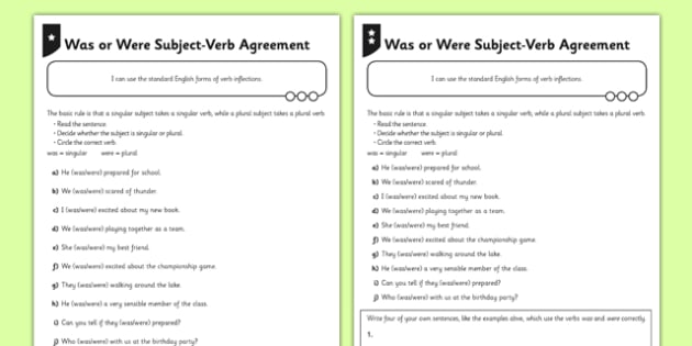 Was or Were Subject Verb Agreement Differentiated Worksheet