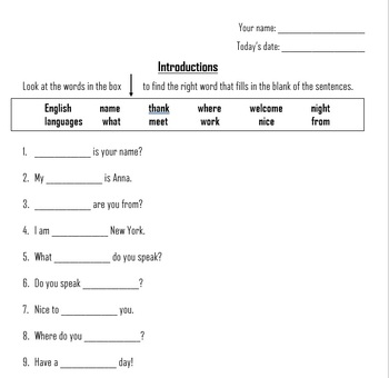 Beginner ESL Worksheet by Chelsea Bernholtz | TPT