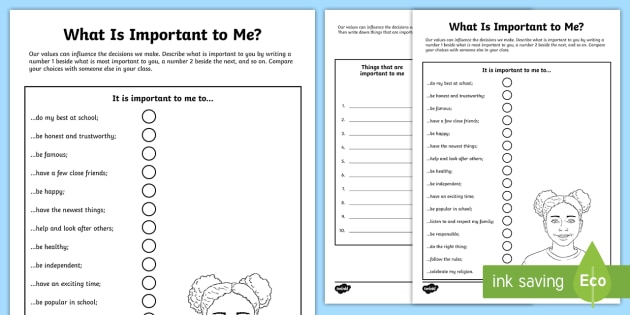 What Is Important to Me Worksheets (Lehrer gemacht) - Twinkl