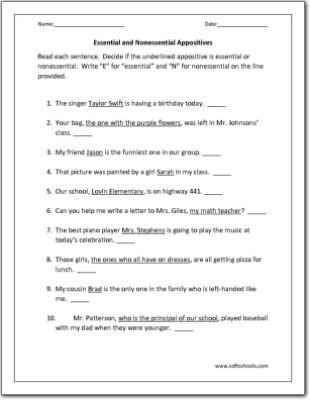 Essential and Nonessential Appositives Worksheet