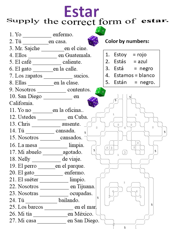 Estar worksheet (color by numbers) - Mr. Sajche