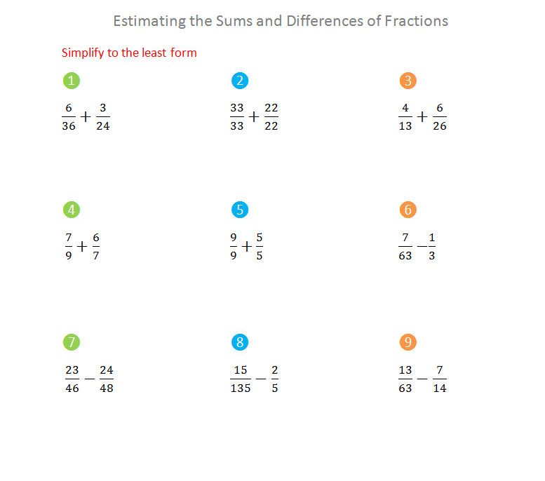 estimate fractions sums and differences worksheet