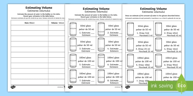 Estimating Capacity Worksheet - English/Romanian - Twinkl