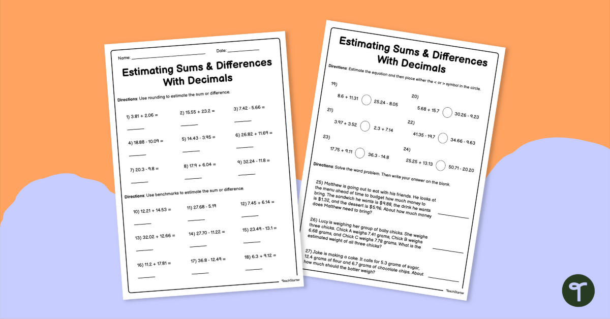 Estimating Sums and Differences With Decimals Worksheet for Year 6