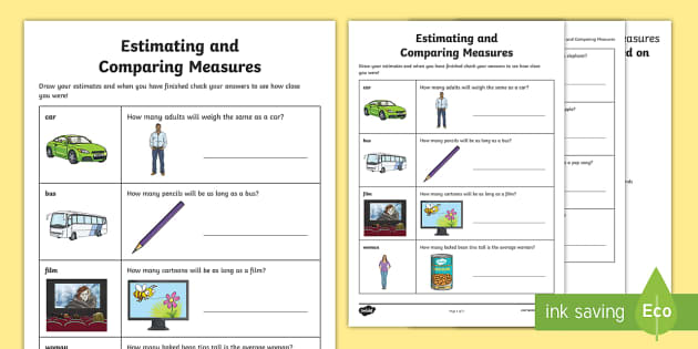 Estimating and Comparing Measures Worksheet / Worksheet