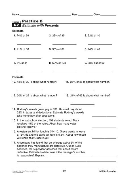 6-2 Practice B percents.pdf - MrWalkerHomework