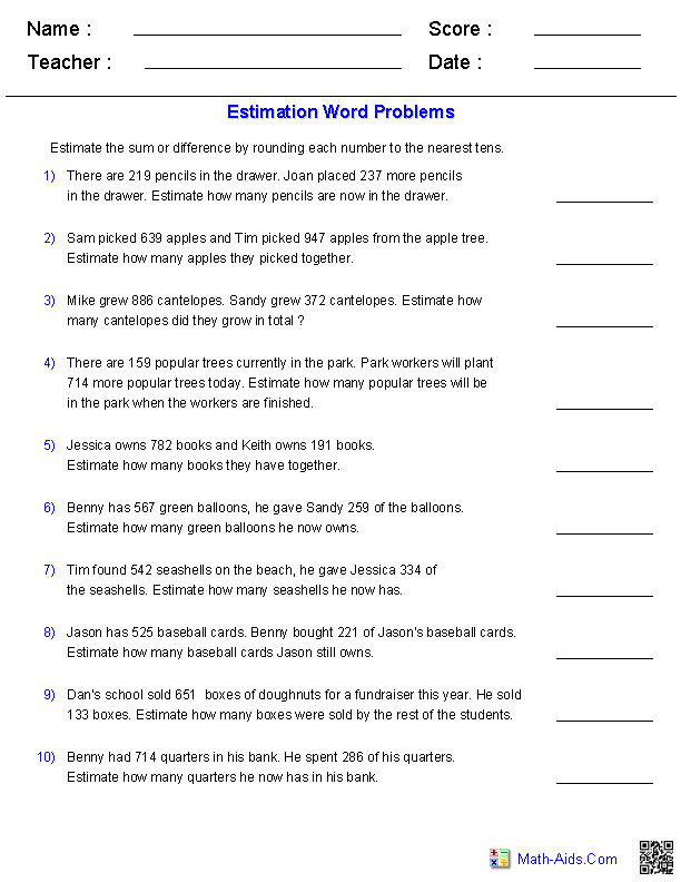 Estimation Worksheets | Dynamically Created Estimation Worksheets ...