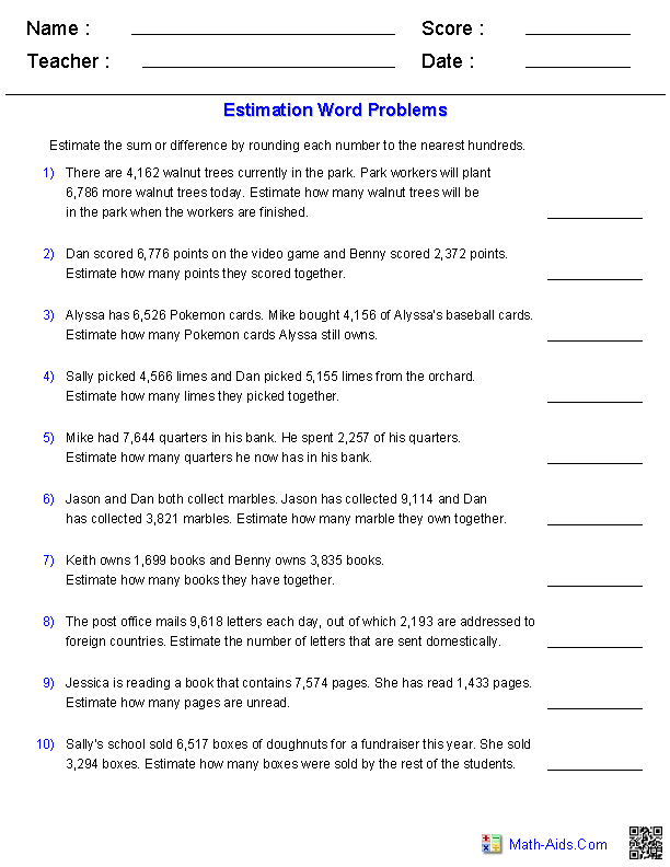 Estimation Worksheets | Dynamically Created Estimation Worksheets ...