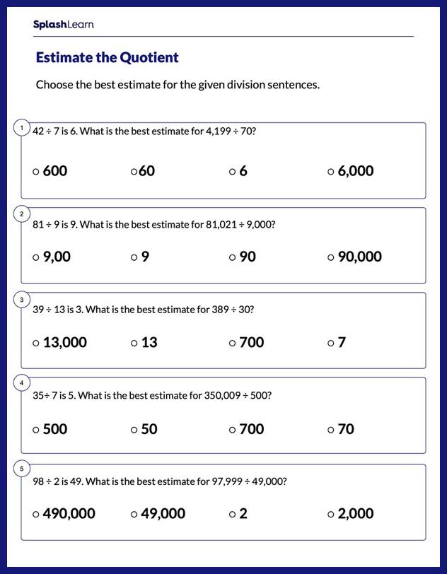 Estimating Quotients - Math Worksheets - SplashLearn