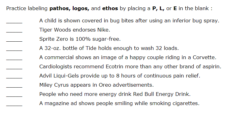 Solved Practice labeling pathos, logos, and ethos by placing ...
