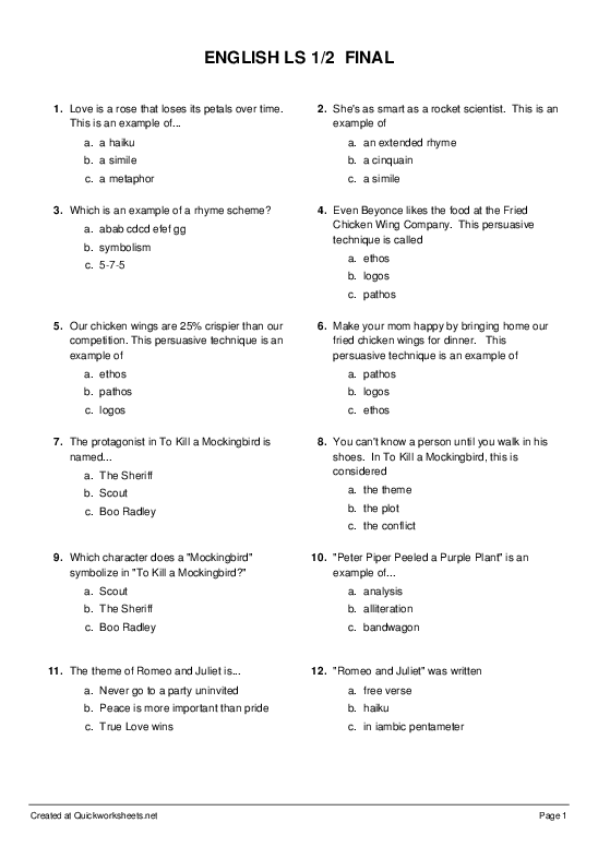 ENGLISH LS 1/2 FINAL - Multiple Choice Worksheet - Quickworksheets