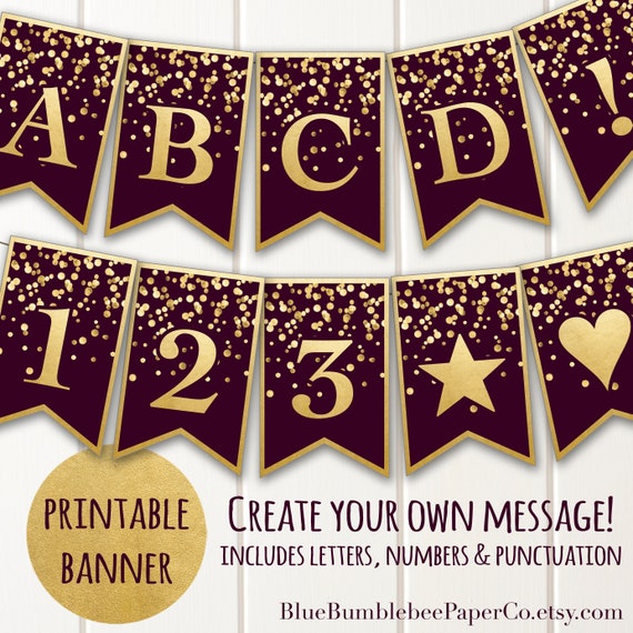 Printable Banner Merlot Gold Confetti Glitter Burgundy Maroon Wine ...