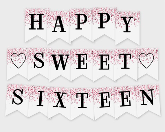 Happy Sweet Sixteen Printable Banner Pink Confetti Glitters ...