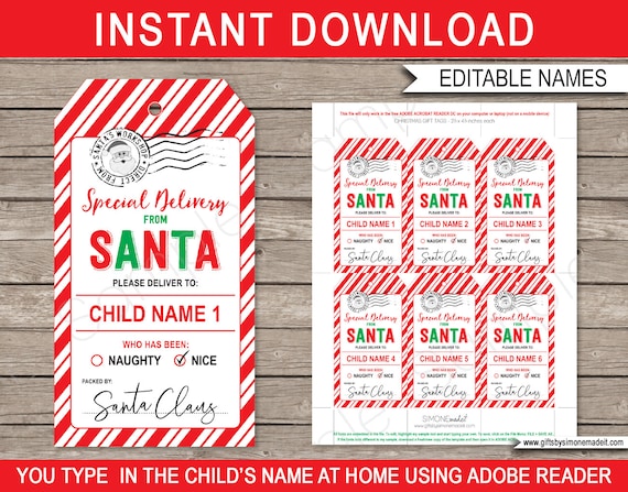 Santa Gift Tags Printable Template - Custom Personalized Special Delivery  from Santas Workshop North Pole - INSTANT DOWNLOAD text EDITABLE