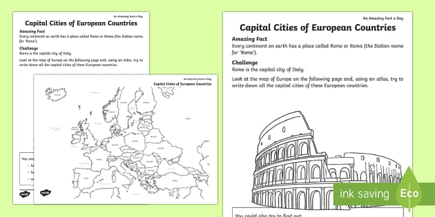 Map of Europe with Cities Activity Worksheet - Twinkl