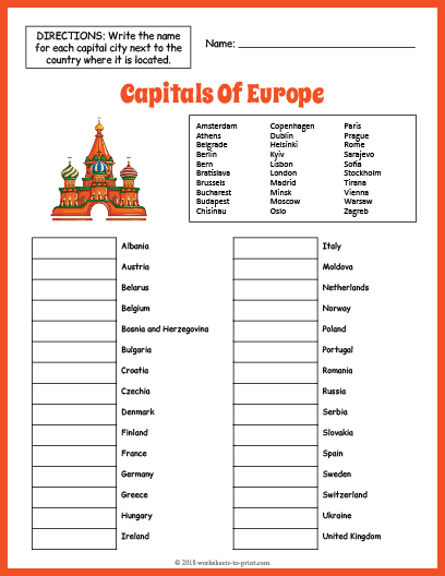 Capitals Of Europe Geography Worksheet