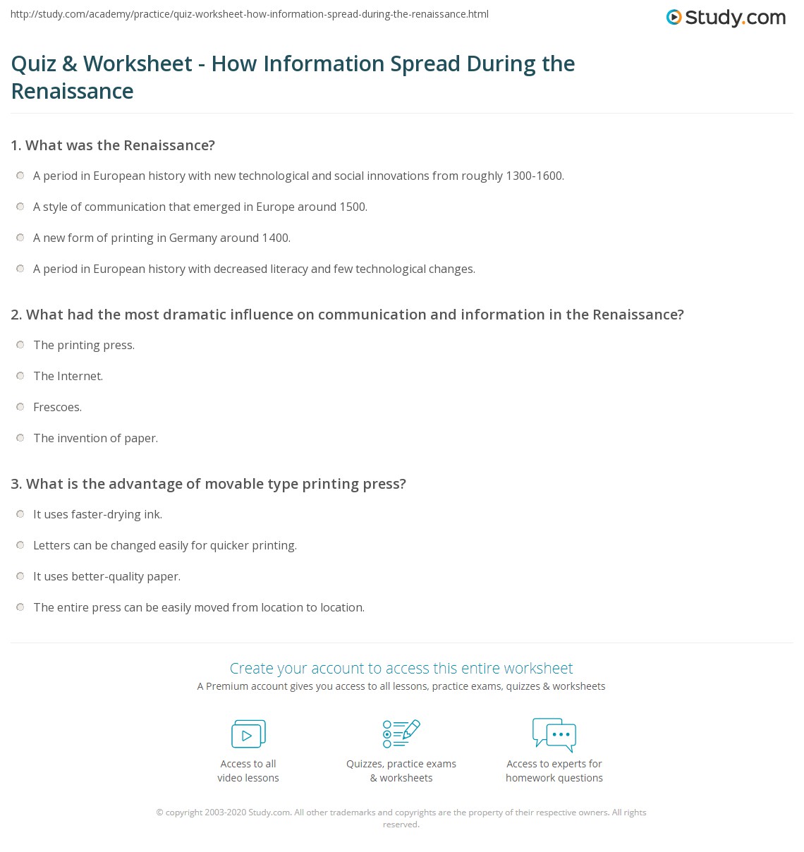 Quiz &  Worksheet - How Information Spread During the Renaissance ...