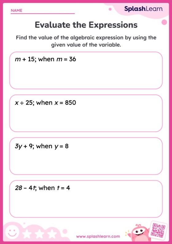 Evaluate Algebraic Expressions — Printable Math Worksheet